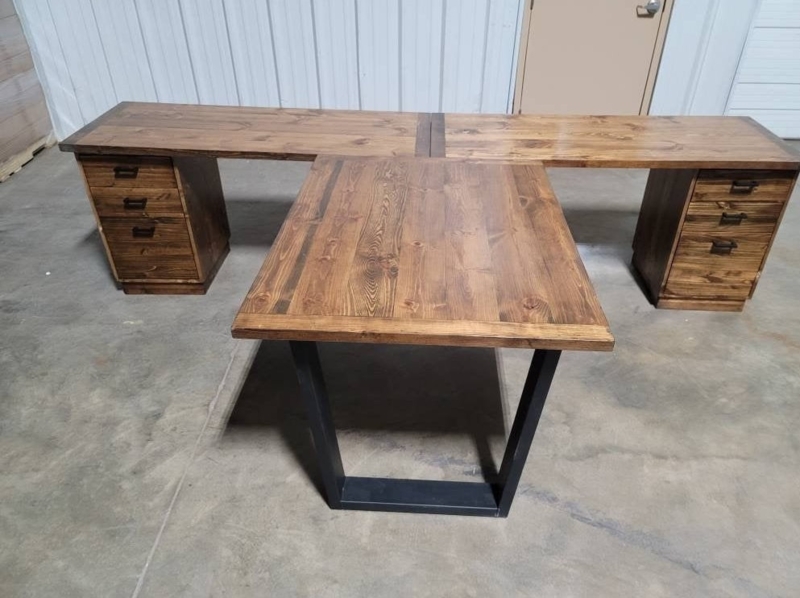Double Desk Rustic Wood Dual Office Desk Plank Top Metal Legs
