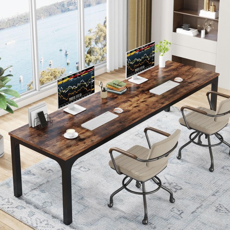 Double Desk Two Person Industrial Rustic Brown Wood