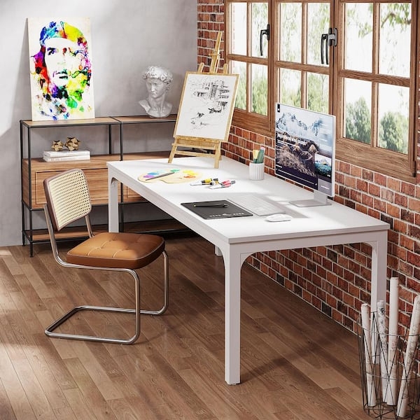 Double Desk Two Person Layout with Trestle Legs and Storage Divider