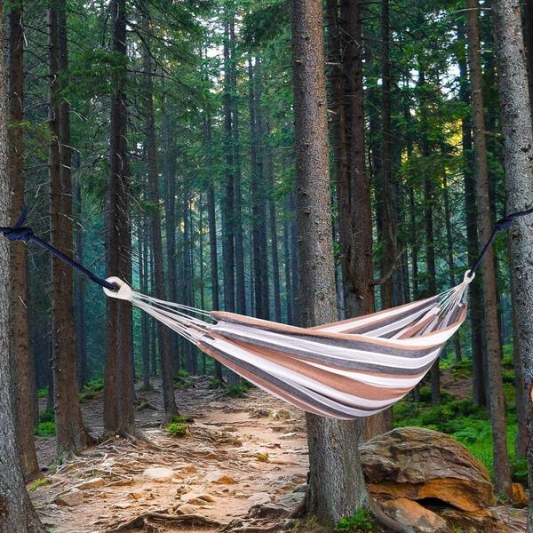 Double Hammock, Arched Wooden Stand with Multicolored Stripes, Garden