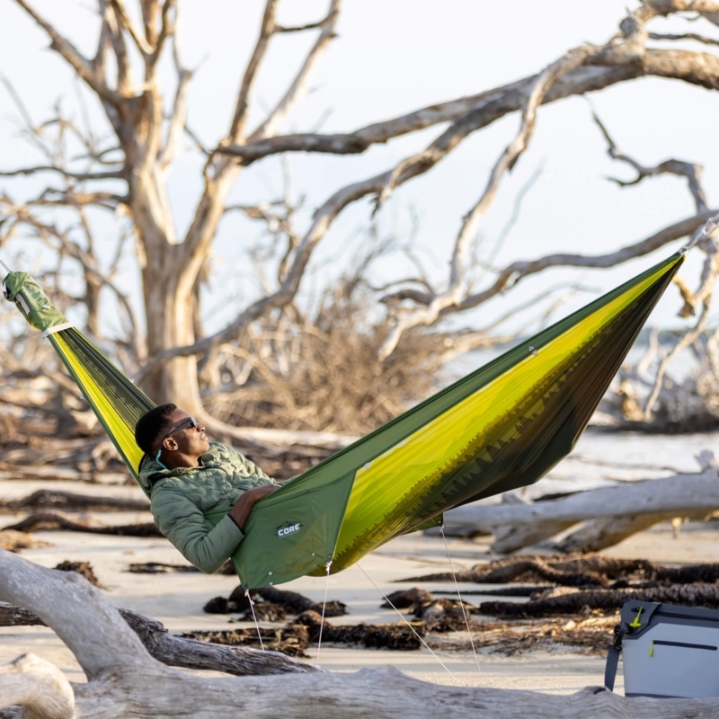 Double Hammock in Forest Green Fabric, Quilted Top With Spreader Bars