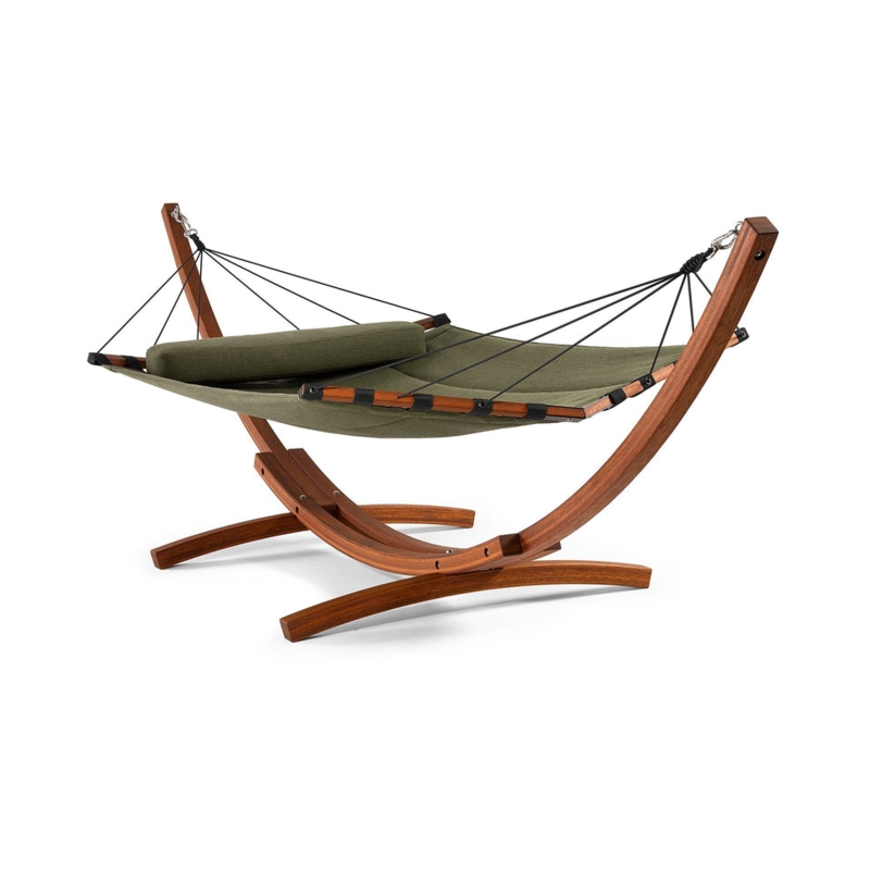Double Hammock on Curved Wood Stand with Sage Green Fabric