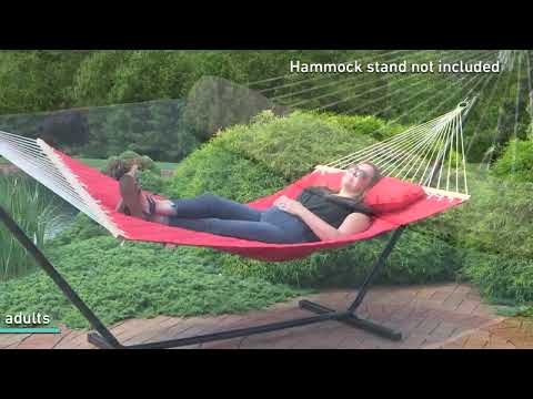 Double Hammock, Red Quilted Fabric, Spreader Bar for Padded Outdoor Lounge