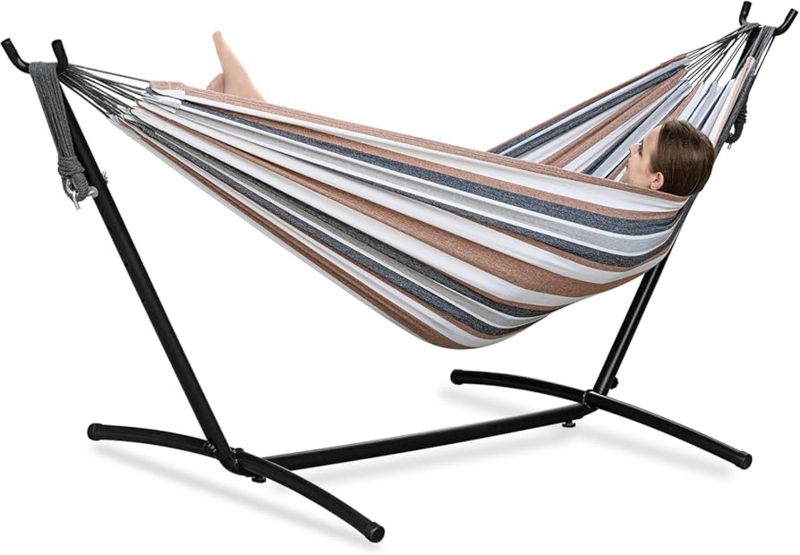 Double Hammock With Stand Earthy Striped Palette Portable Frame