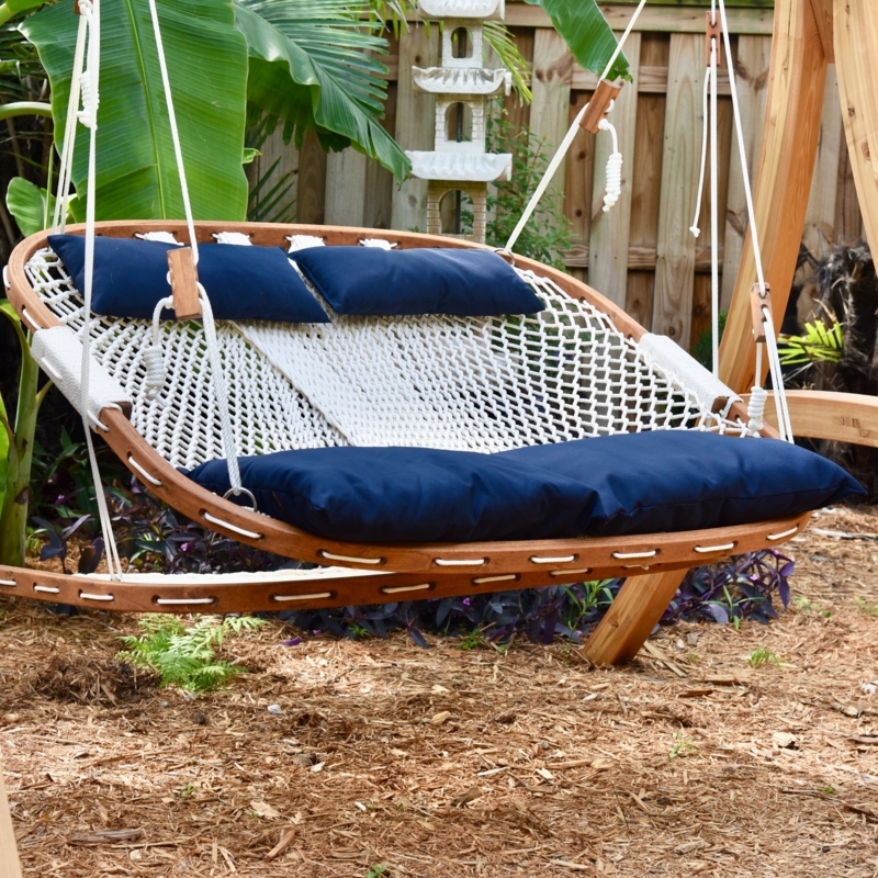 Double Hanging Swing Chair with Stand, Teal Cushions and Footrest