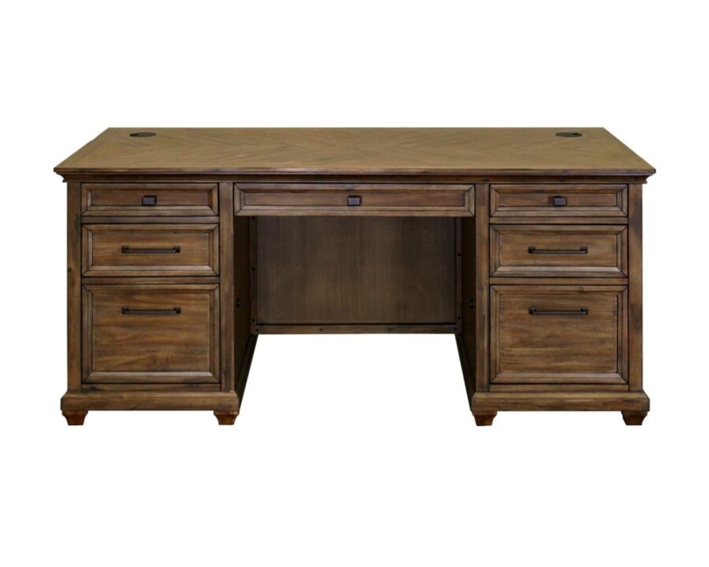 Double Pedestal Desk Blonde Wood Finish Black Hardware Bracket Feet