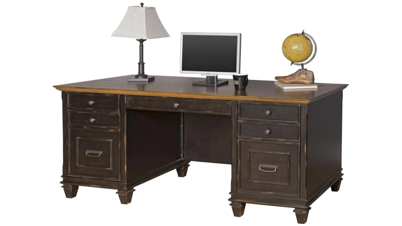Double Pedestal Desk Dark Espresso Picture Frame Molding Seven Drawers