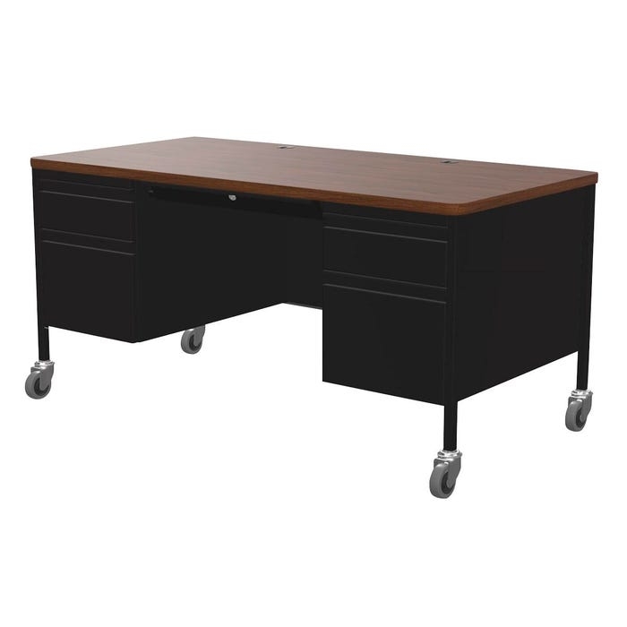 Double Pedestal Desk Grey Metal Frame Wood Laminate Top Central Drawer