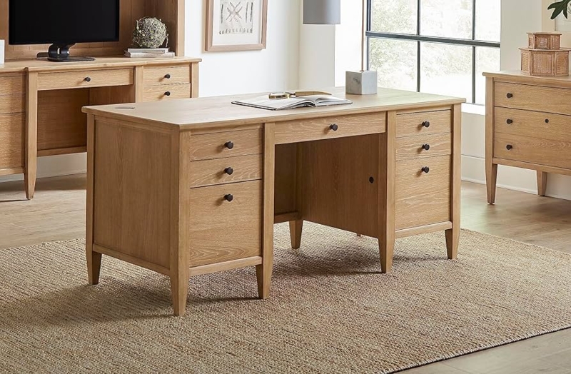 Double Pedestal Desk Integrated Pulls Light Oak Tone Japandi Style
