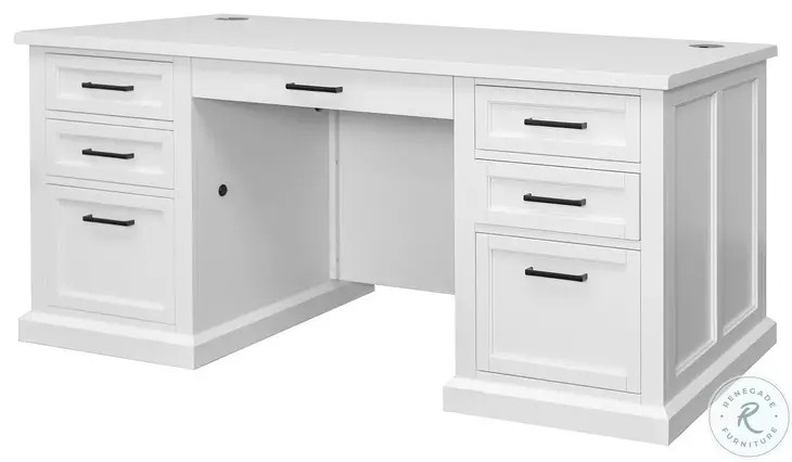 Double Pedestal Desk Nine Drawers White Finish Bracket Feet Bail Pulls