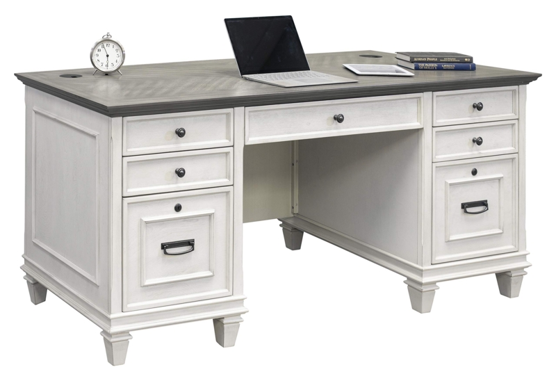 Double Pedestal Desk White Base Wood Top Molding Details Metallic Pulls