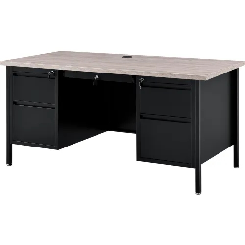 Double Pedestal Office Desk Gray Top Black Frame Steel Utilitarian
