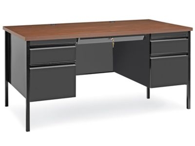 Double Pedestal Steel Desk Gray Frame Wood Top Professional Office