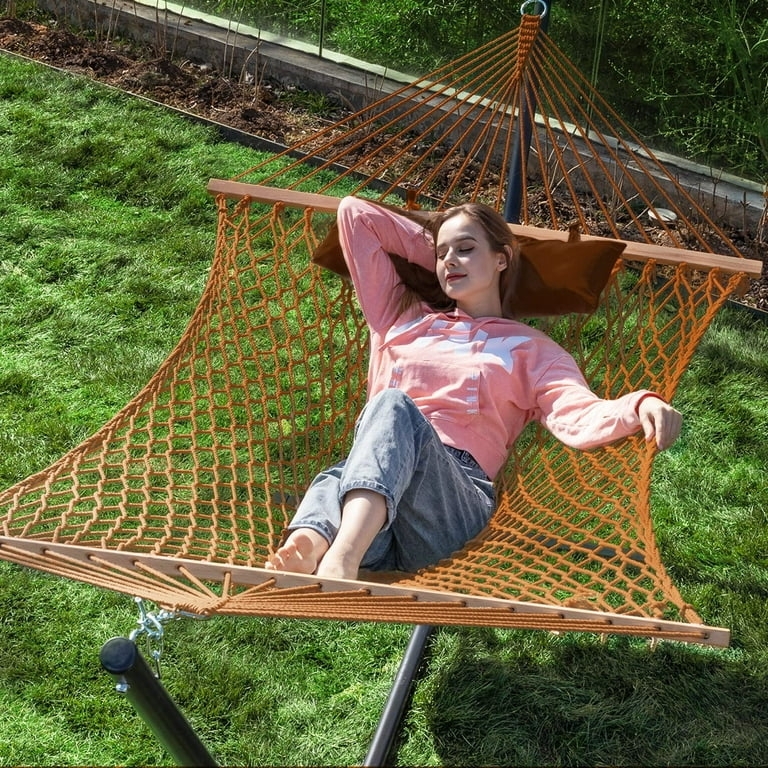 Double Rope Hammock with Stand Heavy Duty Frame Cream Striped Pillow