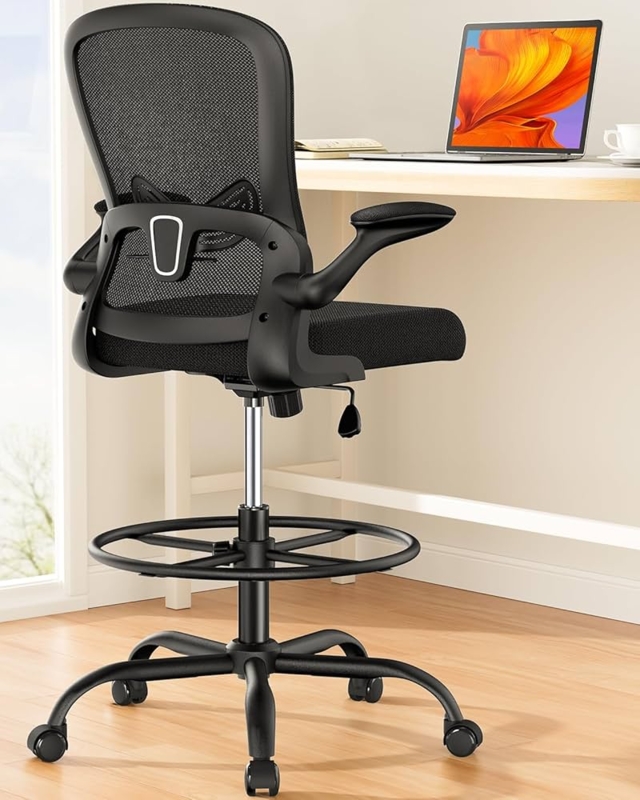 Drafting Chair Chrome Footrest Ring Mesh Flip-Up Arms Standing Desk Chair