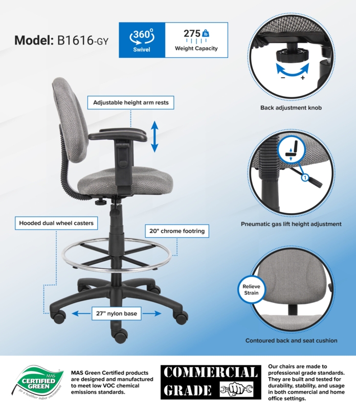 Drafting Chair, Grey Fabric & Footrest Ring, Grey Fabric Tall Office Chair