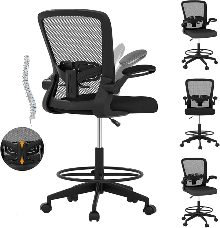Drafting Chair Mesh Back Workbench Stool, Flip-Up Arms, Footrest Ring