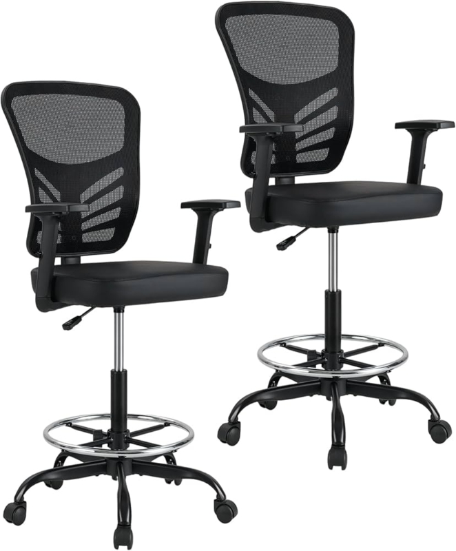 Drafting Chair Set of 2, Mesh Back, Tall Silhouette, Footrest Ring
