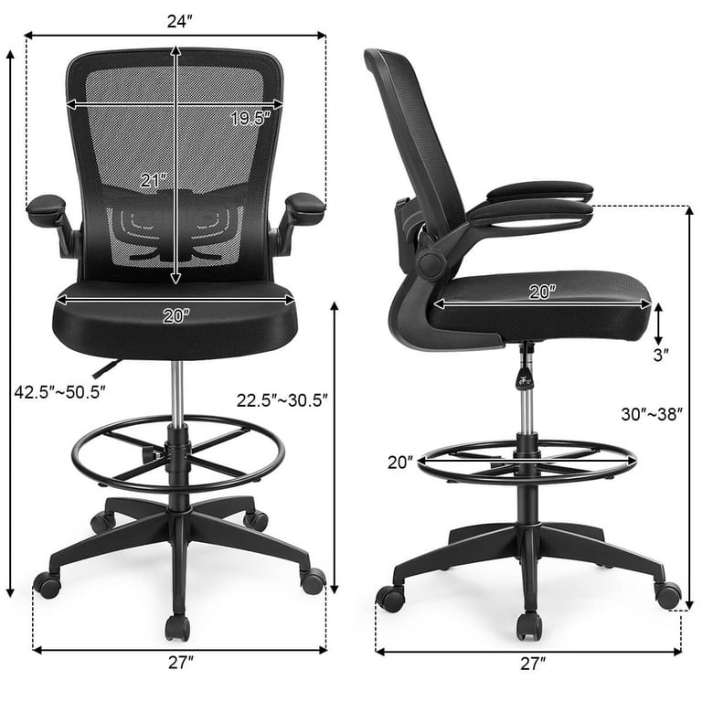 Drafting Chair Tall Cylinder Mesh Chrome Footrest Ring Flip-Up Arms