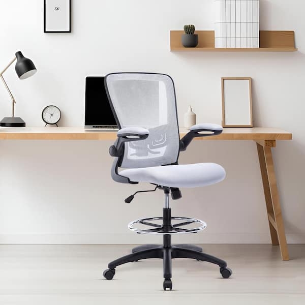 Drafting Chair White Frame Black Mesh, Chrome Footring, Flip-Up Arms