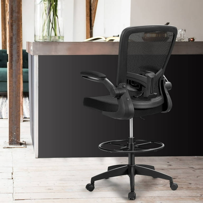 Drafting Stool Mesh, Flip-Up Arms, Chrome Footrest Ring, Ergonomic