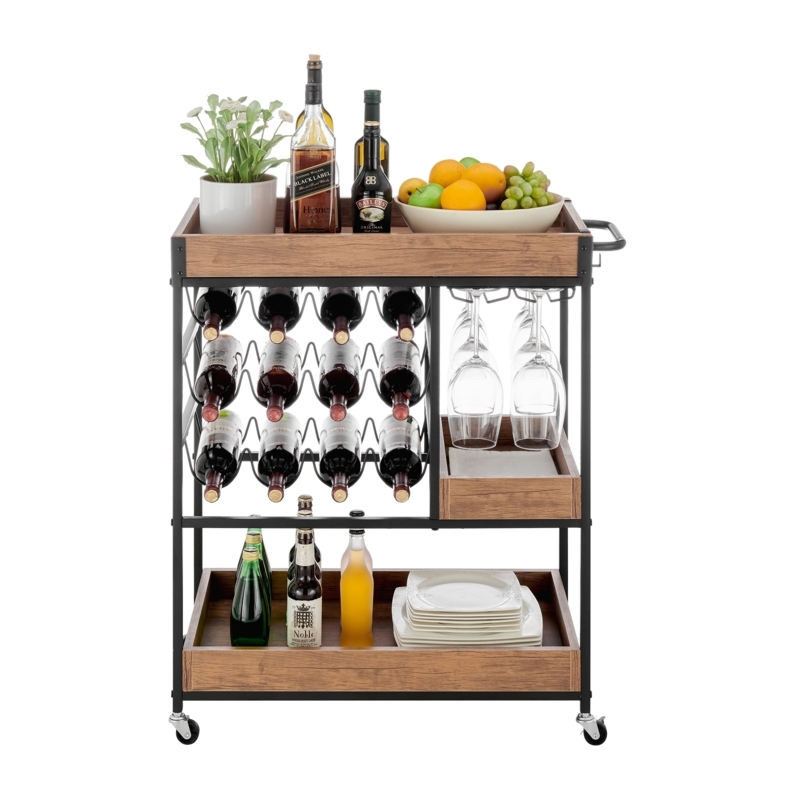Earthy Industrial Bar Cart Walnut Wood Metal Railing Stemware Rack