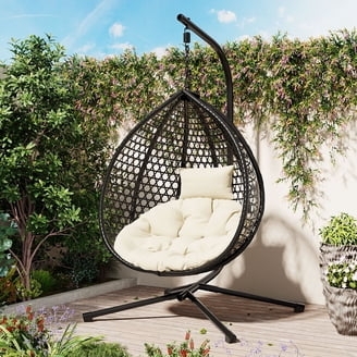 Egg Chair Charcoal Woven Wicker Freestanding Stand Tufted Cushion