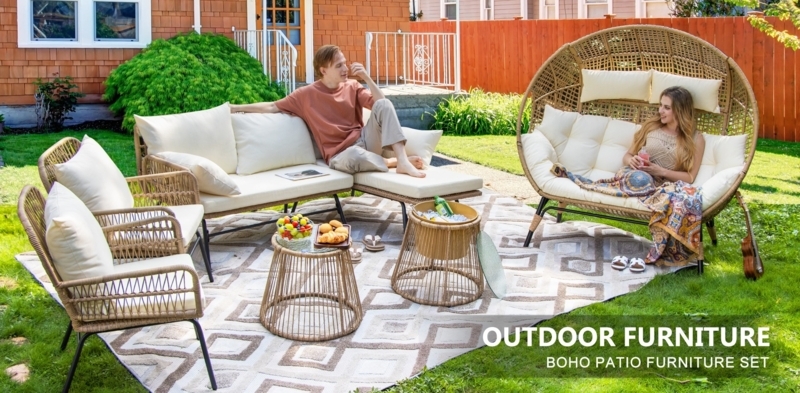 Egg Chair Patio Set Woven Texture Matching Ottomans Boho Vibe