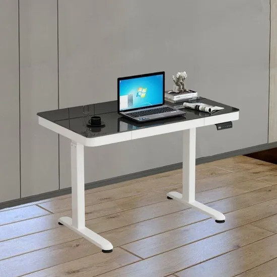 Electric Sit-Stand Desk Light Wood Top White Frame Rounded Corners
