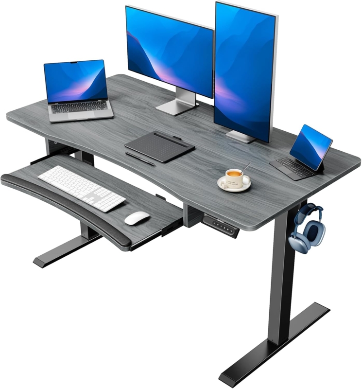 Electric Standing Desk Gray Metal Frame Wood Toned Keyboard Tray