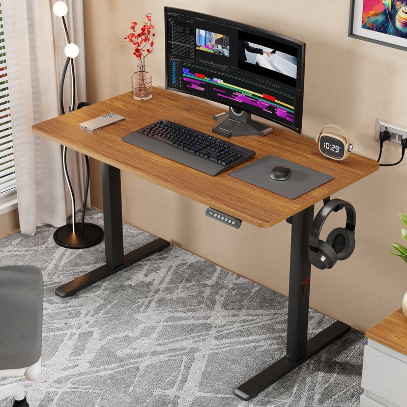 Electric Standing Desk Oak and Black Contrast Matte T-Frame