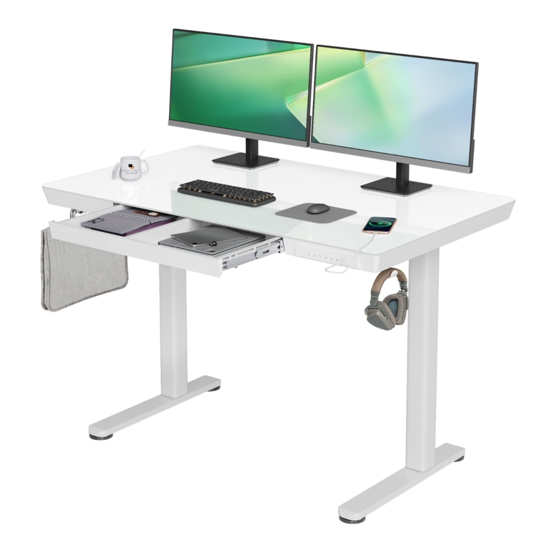 Electric Standing Desk with Glass Top and Drawers
