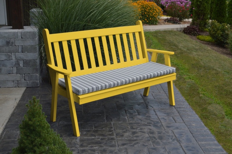 English Country Garden Bench in Vibrant Yellow Finish with Seat Cushion