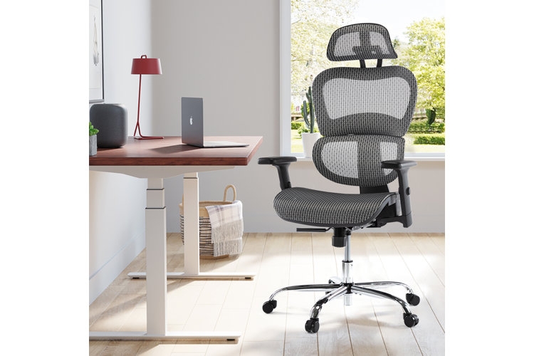 Ergonomic Office Chair Grey Mesh-Like Fabric Headrest Chrome Base