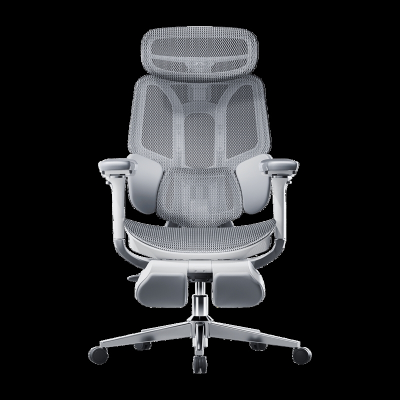 Ergonomic Office Chair White Frame Gray Mesh Retractable Footrest