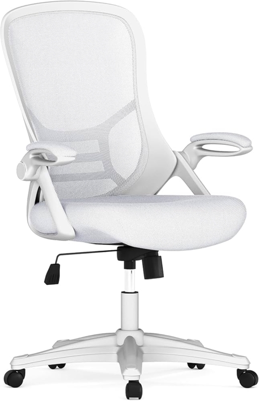 Ergonomic Office Chair: White Frame with Grey Mesh Back and Flip-Up Arms