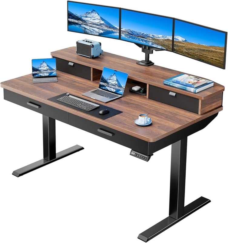 Ergonomic Standing Desk with Two-Tier Top and Integrated Drawers