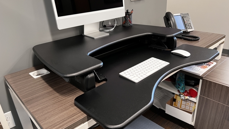 Ergonomic Two-Tier Desk Riser, White with Wood Edge Accents