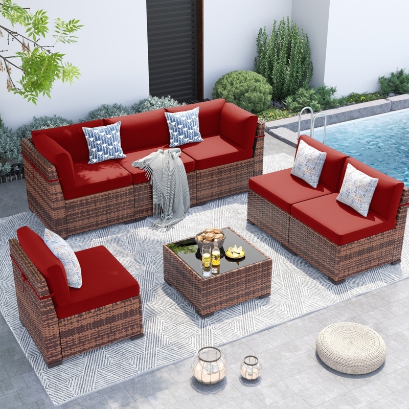 Espresso Brown Rattan Backyard Seating, Modular Set with Beige Cushions