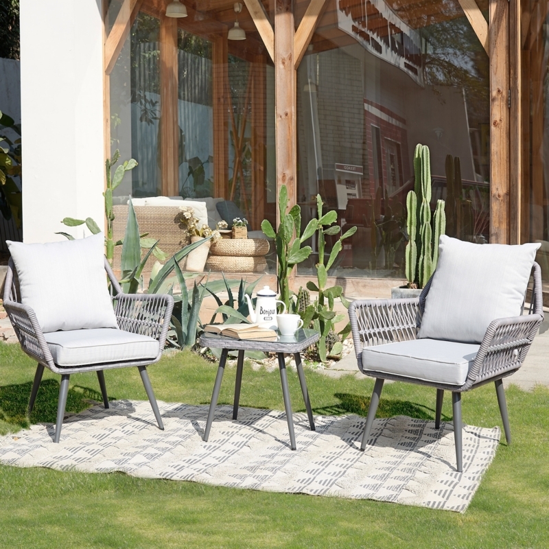 Espresso Wicker Furniture Set with Integrated Shelf and Gray Cushions