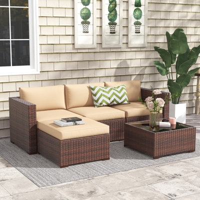 Espresso Wicker Modular Sectional Sofa with Ottoman, Compact