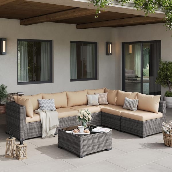 Espresso Wicker Transitional Outdoor Sectional Set, Twin Tables