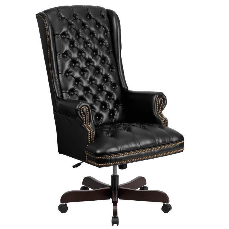 Executive Chair: Black High Back Tufted Leather-Like Swivel Seating