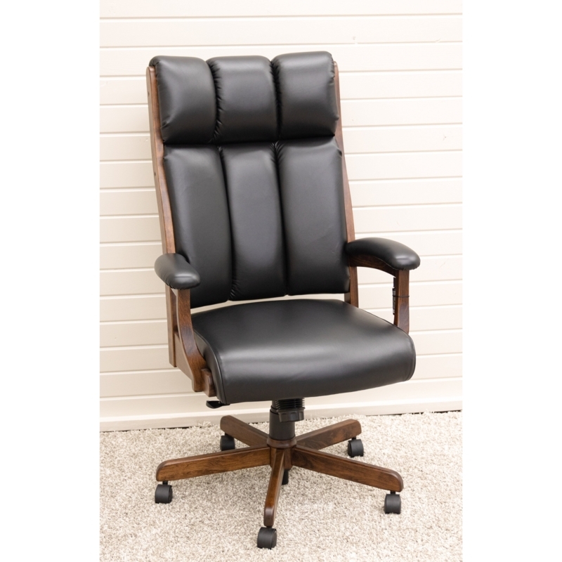 Executive Chair Black Segmented Back Dark Stained Wood Base Professional