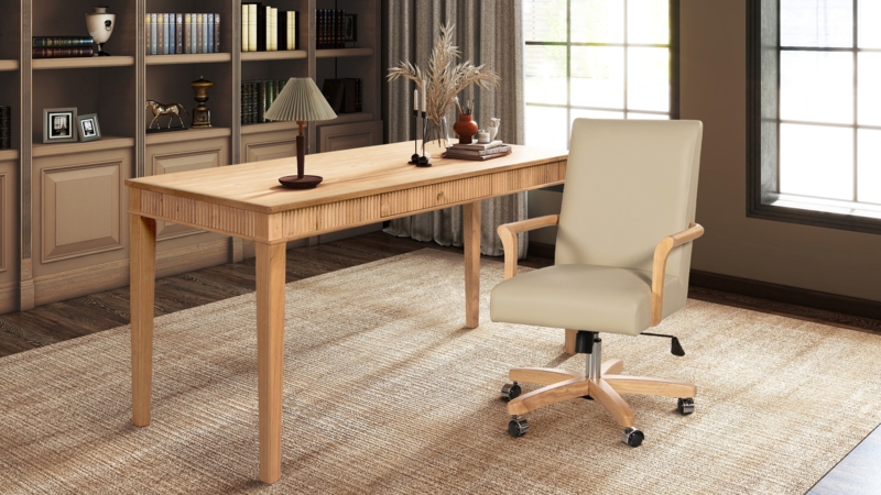 Executive Chair Button Tufted Winged Back Natural Wood Base Modern