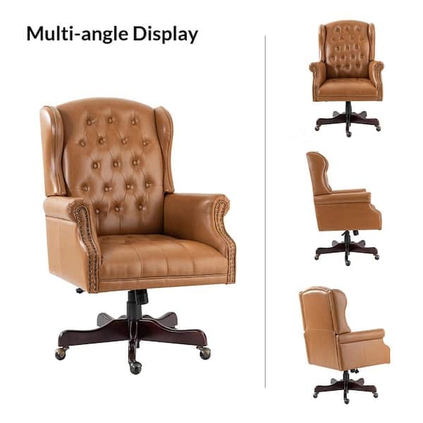 Executive Chair Camel Faux Leather Nailhead Trim High Back Chrome