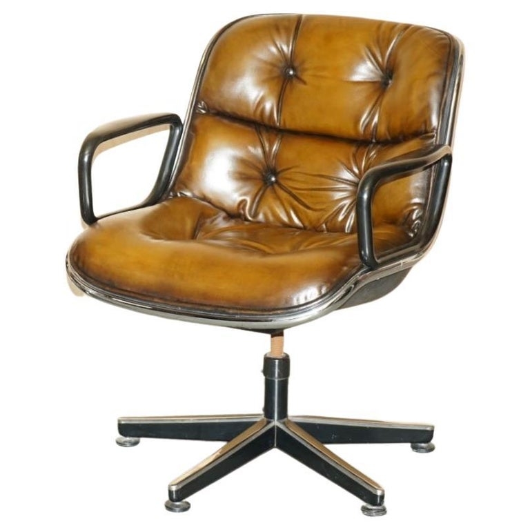 Executive Chair Cognac Leather Chrome Rim Swivel Mid Century