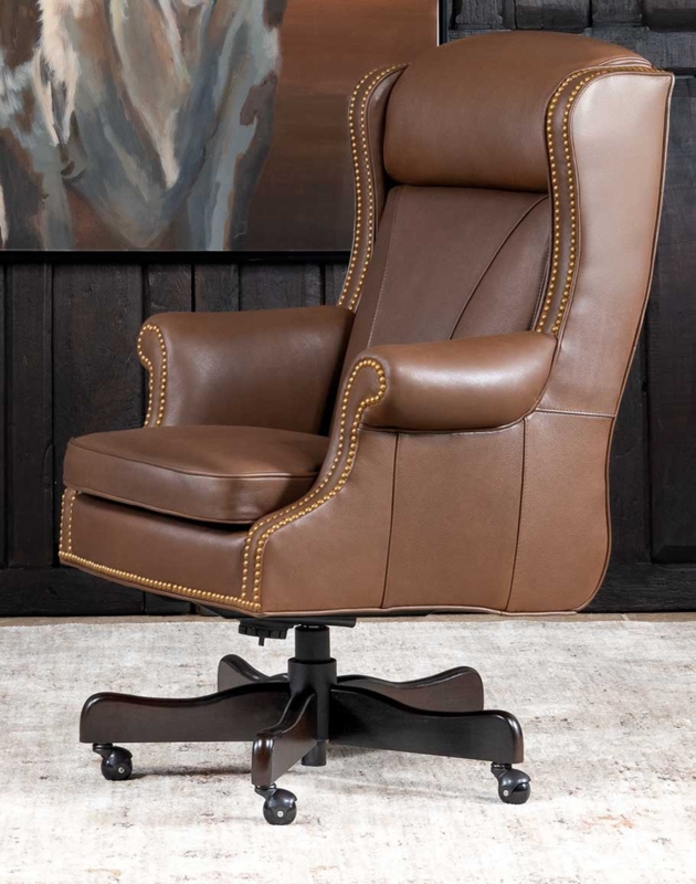 Executive Chair Light Brown Carved Wood Arms Western Traditional