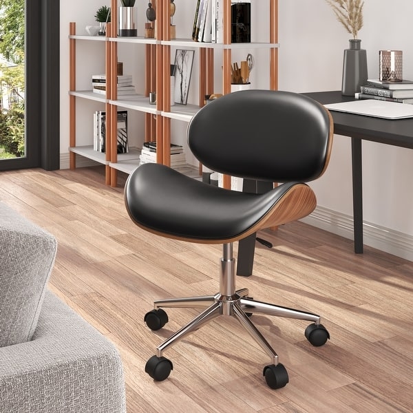 Executive Chair Oak Finish Curved Plywood Shell Black Upholstery