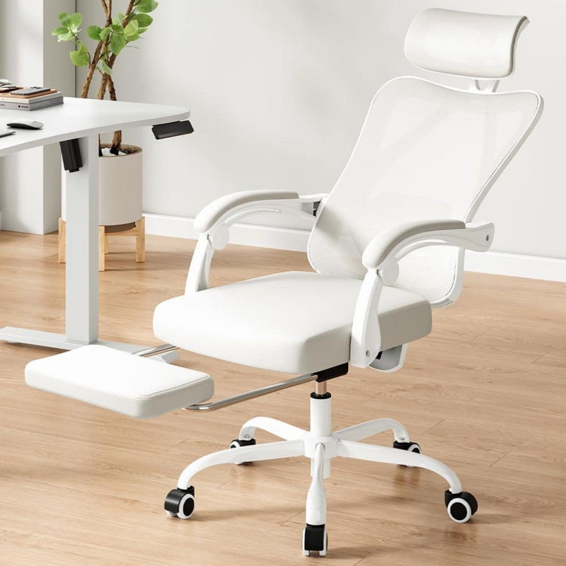 Executive Chair Retractable Footrest Beige Fabric Headrest Ergonomic